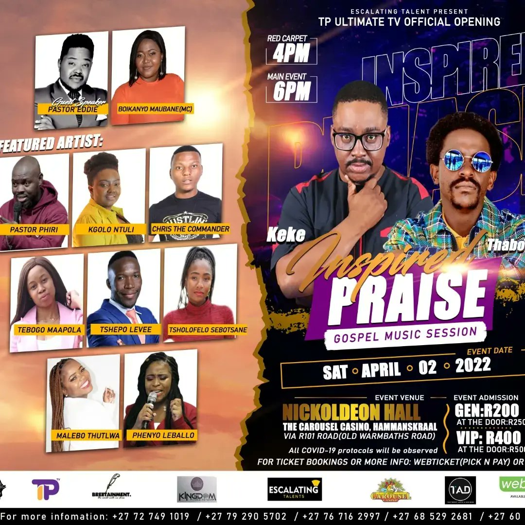 TpUltimate's tweet photo. 02 April 2022 it's inspired praise we just have about 16 days left....

Get your tickets in time 

General R200 VIP R400
At the Door Gen R250 VIP 500

Your support will be appreciated friends tell your friends to invite other friends believe me is going to be happening 🔥🔥🔥 https://t.co/KZfT6NQXbM