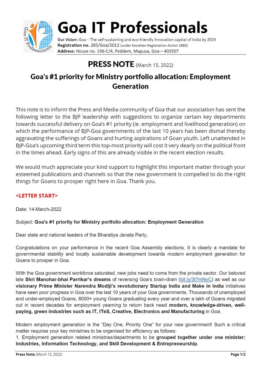 GoaITpro's tweet photo. We have made a recommendation to the ruling party @BJP4Goa, @BJP4India to organize certain key departments towards successful delivery on Goa’s #1 priority (i.e. employment and livelihood generation). Here is a press note that summarizes our recommendations. https://t.co/1vA3RgKppK