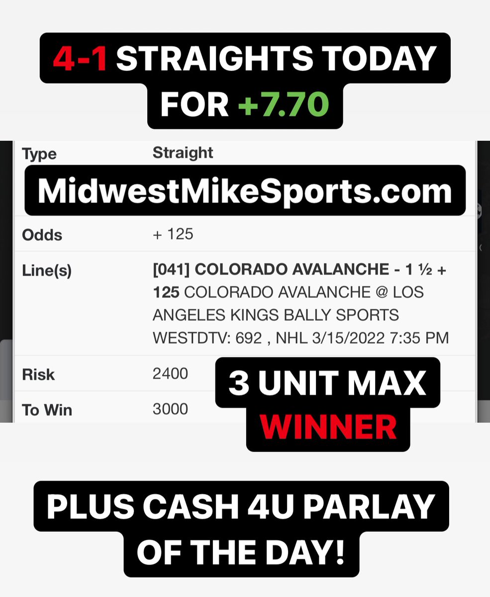 4-1 Straights (+7.70)
2-2 parlays (+5.24)

+12.94 units 🤑🤑🤑🤑

2-0 POD!

PARLAY OF THE DAY AND POD BOTH CASH!

Avs -1.5 (+125) ✅
+3 Units

Suns -5 ✅
+3 Units

Capitals ML ✅
+3 Units

Indiana -4 ✅
+2 Units

Utah State -5 ❌
-3.3U

MidwestMikeSports.com #GamblingTwitter