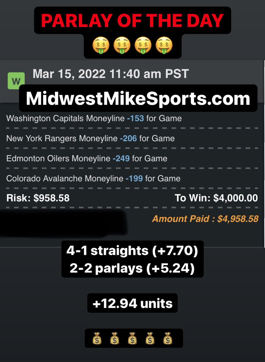 4-1 Straights (+7.70)
2-2 parlays (+5.24)

+12.94 units 🤑🤑🤑🤑

2-0 POD!

PARLAY OF THE DAY AND POD BOTH CASH!

Avs -1.5 (+125) ✅
+3 Units

Suns -5 ✅
+3 Units

Capitals ML ✅
+3 Units

Indiana -4 ✅
+2 Units

Utah State -5 ❌
-3.3U

MidwestMikeSports.com #GamblingTwitter