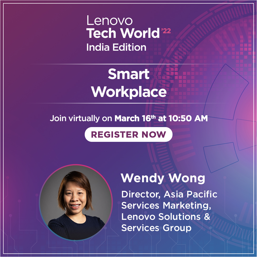 Lenovo_in's tweet photo. Watch Wendy Wong, Director of Asia Pacific Services Marketing at Lenovo Solutions &amp; Services Group, discussing the growing importance of a smart workplace due to the changing work environment at #TechworldIndia22 here: https://t.co/O15ijaoAz5 

 #Lenovo #InformationTechnology https://t.co/RSxu3tIFR2