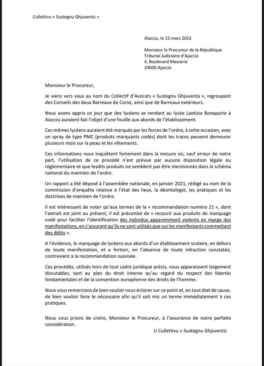 AnonymeCitoyen's tweet photo. 🔴 Le collectif d’avocats "Sustegnu Ghjuventù" s’inquiète de l’utilisation de PMC (produits marquants codés) sur des lycéens par les forces de l’ordre en #Corse. Ces marqueurs chimiques peuvent rester jusqu'à plusieurs mois sur la peau et les vêtements. https://t.co/8wxaXtUFWI