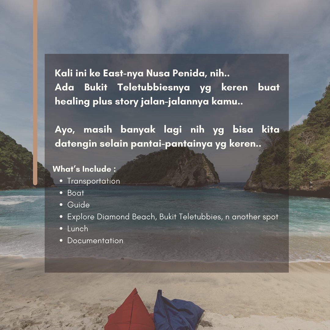 Segoro_Tour's tweet photo. Kali ini ke East-nya Nusa Penida, nih.
Ada Bukit Teletubbiesnya yg keren buat healing plus story jalan-jalannya kamu, jg banyak pantai keren lainnya.

Yuk cek info destinasinya di @segorotourtravel 0811 9770 958

#nusapenida #nusapenidaisland #nusapenidatrip #nusapenidatour https://t.co/cNj9w2f7tK