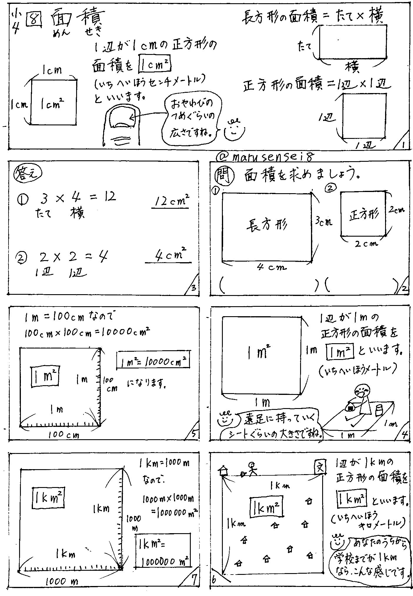 まる先生 8 面積 小学算数 まる練算数 長方形の面積 正方形の面積 平方センチメートル 平方メートル 平方キロメートル まる練 小学4年生 面積 T Co Rvzkxws44a Twitter