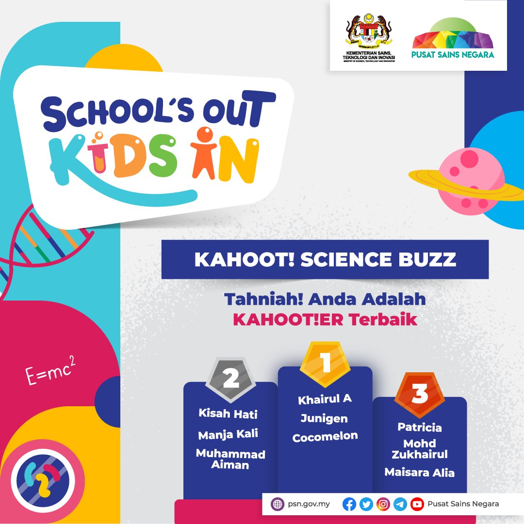 MyScienceCentre's tweet image. Tahniah kepada 9 Kahoot!er Terbaik KAHOOT! Science Buzz.

Pantas &amp;amp; Tepat. Merekalah yang berjaya kekal di podium sehingga ke akhir masa.

Mereka semua akan menerima cenderamata istimewa daripada PSN

#kahoot #ScienceBuzz #SchoolsOutKidsIn #pusatsainsnegara #mosti #jomterokaisains