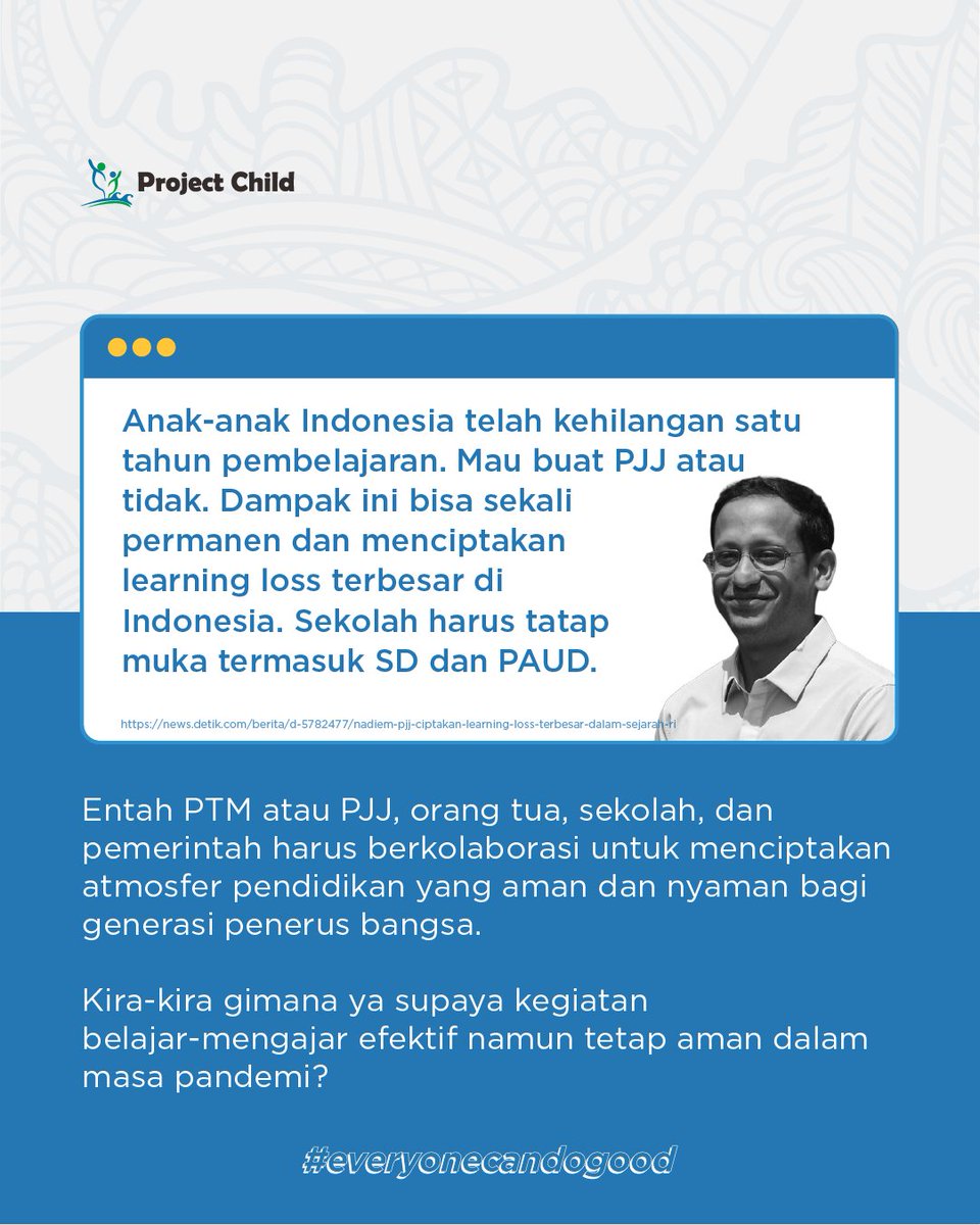 projectchildina's tweet photo. Banyak kegiatan mulai berjalan normal, misalnya Pembelajaran Tatap Muka (PTM). Banyak sekolah sudah memulai PTM, meski banyak pula sekolah yang kurang waspada terhadap penyebaran COVID-19.
Gimana ya agar proses belajar mengajar tetap efektif selama pandemi?
#NGO #projectchild https://t.co/6Q4ZZeV1C5