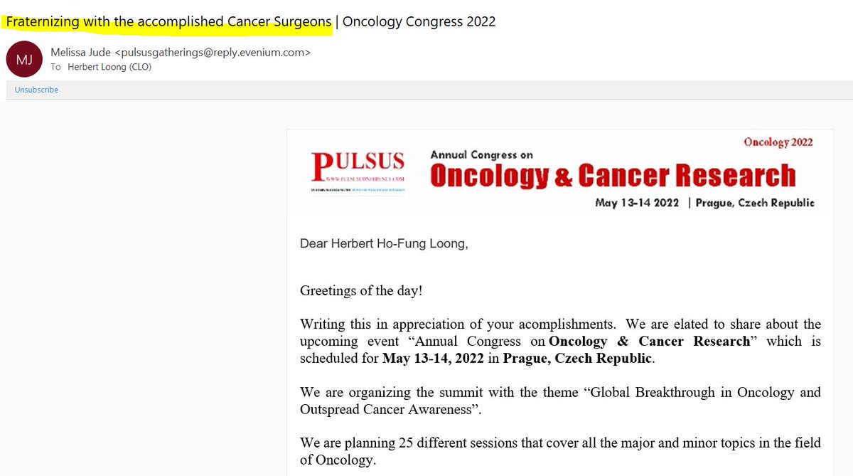herbloong's tweet photo. I've always been friendly with my #surgical colleagues, but an invite to systematically #fratinize with #accomplished #cancersurgeons is an opportunity not to pass on! 🤣🤣😅 #predatoryjournals #epicfailure #spam #cleaninginbox #happywednesday https://t.co/M8vtOptoGN