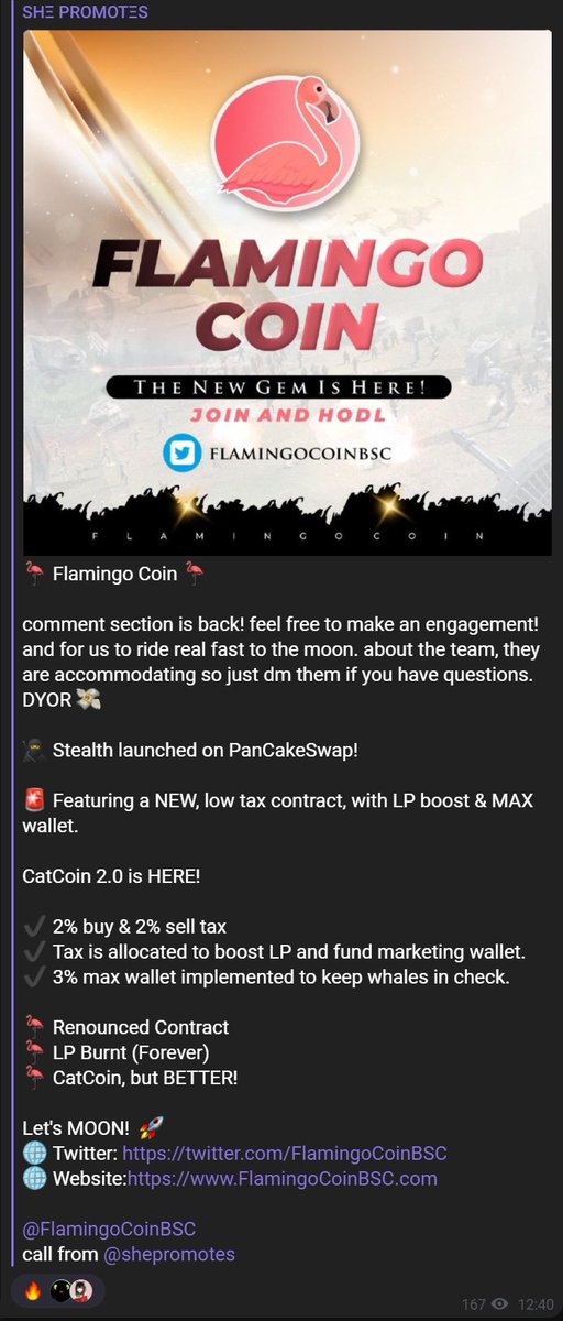 FlamingoCoinBSC's tweet photo. 🦩New Call from #ShePromotes
🦩Come Join the Colony! #FlamingoCoin https://t.co/48R4kPJKnE