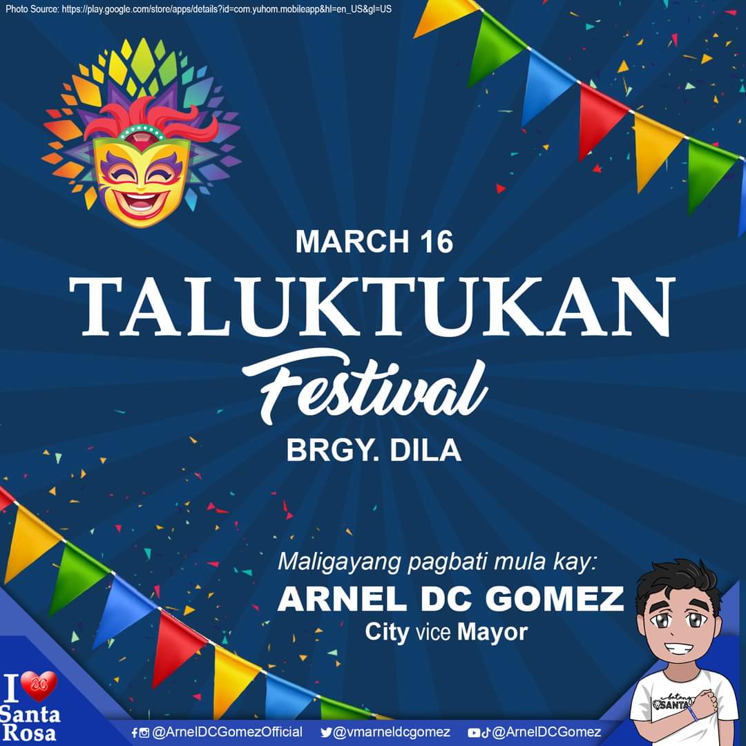 VMArnelDCGomez's tweet photo. HAPPY TALUKTUKAN FESTIVAL Barangay Dila!

Isang masaya at ligtas na pagbati po sa inyo.

#iLoveSantaRosa
#ArnelDCGomez #MAGkaisa
#BatangSantaRosa #BetterSantaRosa
#TransparencyandAccountability
#GoodGovernance
#CityofSantaRosaLaguna
#SantaRosaTheLionCity https://t.co/jKechn3bld