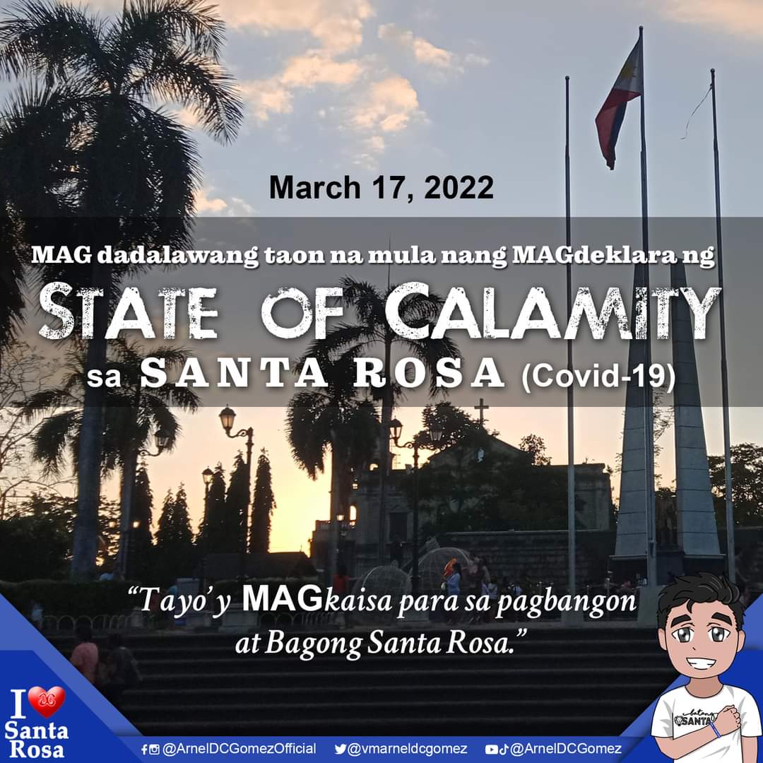 VMArnelDCGomez's tweet photo. MAGdadalawang taon na mula nang MAGdeklara ng STATE OF CALAMITY sa Lungsod ng Santa Rosa noong Marso 17, 2020 sa ilalim ng RN 34, s. 2020.

Makalipas ang 2 taon, ang ating lungsod ay isinailalim na sa Alert Level 1. 

#MAGkaisa po tayo sa pagbangon at Bagong Santa Rosa! https://t.co/jdfvHRZjms