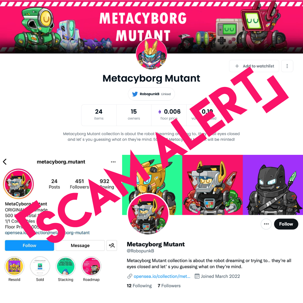 DreaminRobot's tweet photo. SCAM ALERT! "Metacyborg Mutant" is not my art Me and my team are not affiliated with this project. Do The Robot Dreaming only on @ParasHQ $near #nftcollector #NFTTHAILAND https://t.co/oTOdYRyU3w