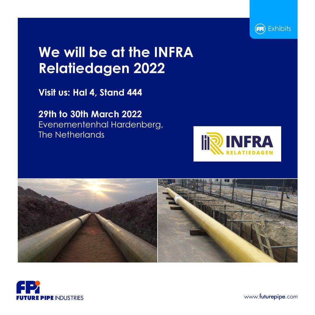 futurepipe's tweet photo. We will be at the INFRA Relatiedagen 2022.

Visit us: Hall 4, Stand 444

29th to 30th March 2022
Evenementenhal Hardenberg,
The Netherlands.

#infra2022 #infra22 #futurepipeevents #fpievents #futurepipe #fpi #fpinetherlands #futurepipeholland #oilandgas #energy #compositepipes https://t.co/4WJuc9nvOZ