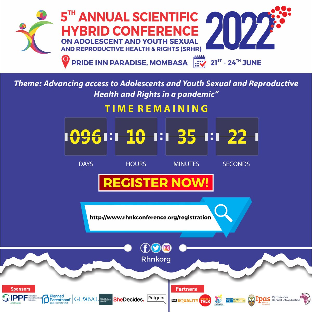 RitahAnindo's tweet photo. The count down continues🎉🎉
96 days to go. Remember the early bird catches the warm.
For more information about the conference click
https://t.co/RW64BcGoJO
#RHNKConference2022
@IpasOrg 
@StraightTalkKe 
@StretchersYouth 
@_Nalafem 
@AWID 
@AFSIpodcast 
@rhnkorg https://t.co/AvcWXSu0hj