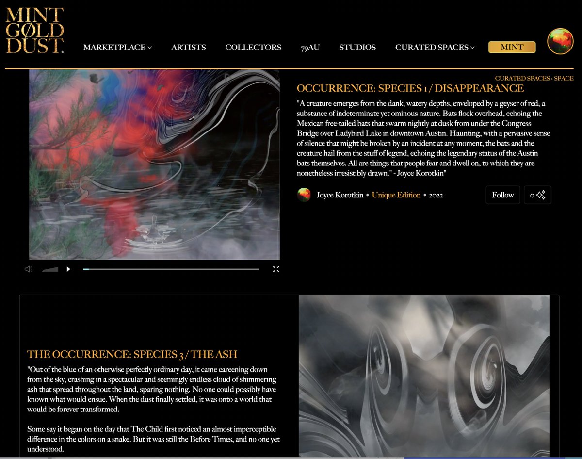 JoKorot's tweet photo. Excited to find my two MP4s for the Tributaries exhibition at the PoPartwalk in Austin highlighted in the Curated Spaces section on @MintGoldDust along with stellar artists such as @quazrmusic and @JbrVisuals. If you like haunted beauty, check it out at: https://t.co/e61bBQxYtu https://t.co/F7EKmyMghE