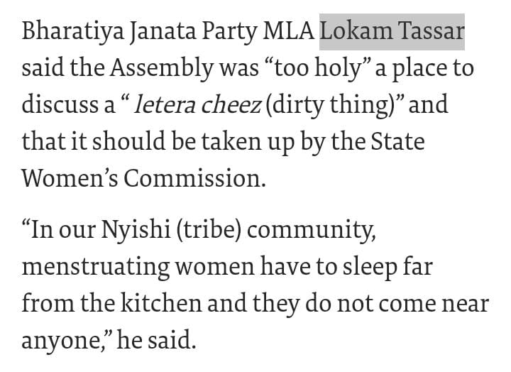Dear <a href="/pasang_sona/">Pasang Dorjee Sona</a> <a href="/KirenRijiju/">Kiren Rijiju</a> <a href="/ArunachalCMO/">CMO Arunachal</a> how can your party person call #menstruation a dirty thing! Our <a href="/PMOIndia/">PMO India</a> had spoken about menstruation on Independence Day. Please issue a clarification on how such a comment was passed in the Assembly. thehindu.com/news/national/…