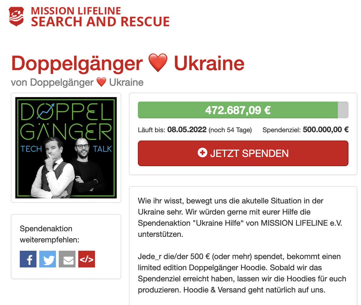 Doppelgaengerio's tweet photo. Wer möchte noch einen Hoodie?

Es fehlen noch 27.372,91 € zur HALBEN MILLION!!!

Unfassbar

Das sind 54 Hoodies (und ein paar Sticker) https://t.co/RZ2CIzgnK4