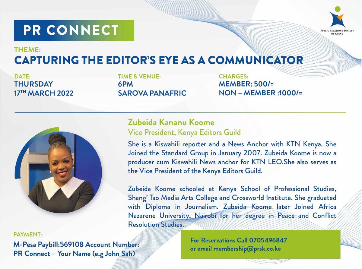 prskkenya's tweet photo. Meet @zubeidahkananu who’ll also be one of our speakers for the #PRConnect tomorrow. Don’t forget to reserve your slot. 😊 https://t.co/wtpM2tdkMG