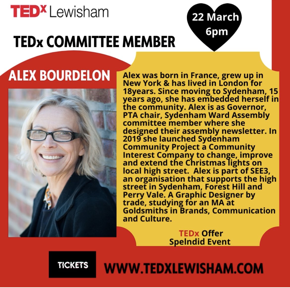 We’re happy to announce one of our TEDx committee members, Alex Bourdelon, a women fully committed to her community with a plethora of skills, from graphic designing to comms &amp; improving local amenities <a href="/bourdelon/">Alexandra Bourdelon</a> 

Alex looks forward to meeting our audience on the day 🙂