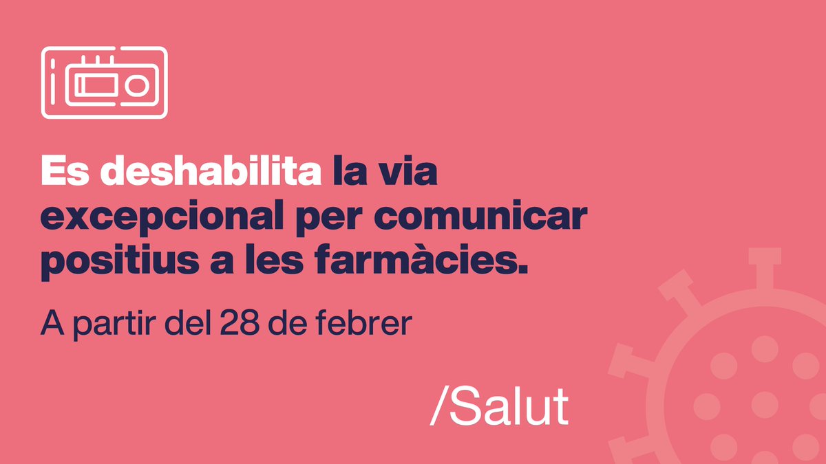🔊 RECORDEU: Davant la davallada dels indicadors de la pandèmia, els tests positius de COVID-19 d’automostra es notificaran únicament a través dels canals propis del sistema de salut: 

👉 eConsulta de La Meva Salut
👉 a citasalut.gencat.cat