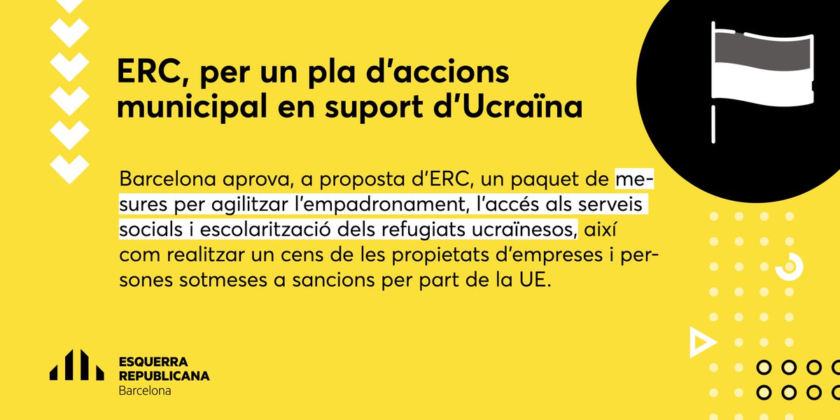 ERCbcn's tweet photo. ☮️Des d'ERC Barcelona condemnem la invasió militar de Rússia contra Ucraïna i demanem que @bcn_ajuntament activi un seguit de mesures per  acollir refugiats ucraïnesos i fiscalitzar propietats i empreses russes. 

✅La proposició s'aprova per unanimitat dels grups del consistori. https://t.co/r5Lg7o8Y2r
