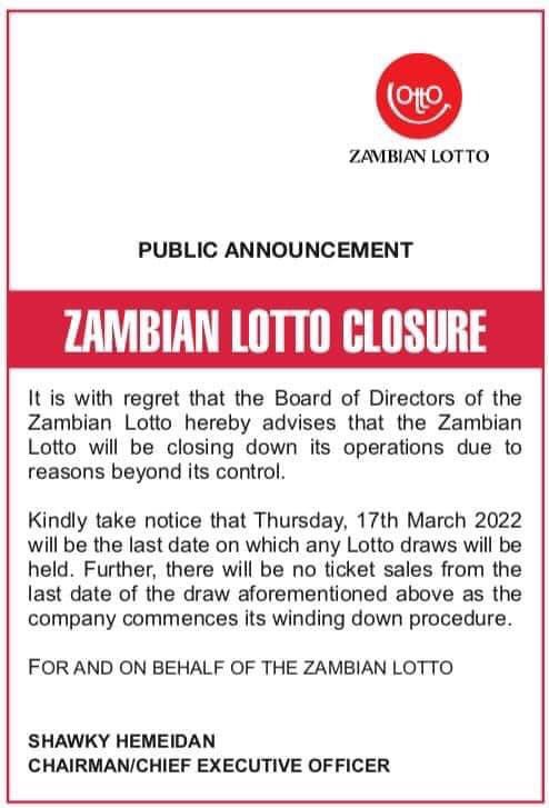 DailyNationZM's tweet photo. ZAMBIAN LOTTO SHUTS DOWN https://t.co/mSGBrC0Un6