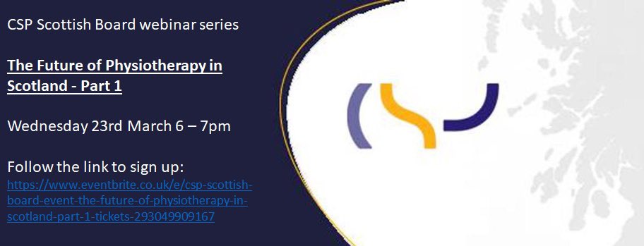 CSP Scottish Board (@scotboardcsp) on Twitter photo 📣 Exciting news 📣
Scottish Board are hosting a series of webinars on The Future of Physiotherapy in Scotland with some great speakers lined up. 23rd March from 6pm. Looking forward to seeing you all there. Follow the link to sign up.
<a href="/thecsp/">Chartered Society of Physiotherapy (CSP)</a> <a href="/CSPScot/">CSP Scotland</a>
eventbrite.co.uk/e/csp-scottish… 📣 Exciting news 📣
Scottish Board are hosting a series of webinars on The Future of Physiotherapy in Scotland with some great speakers lined up. 23rd March from 6pm. Looking forward to seeing you all there. Follow the link to sign up.
<a href="/thecsp/">Chartered Society of Physiotherapy (CSP)</a> <a href="/CSPScot/">CSP Scotland</a>
eventbrite.co.uk/e/csp-scottish…