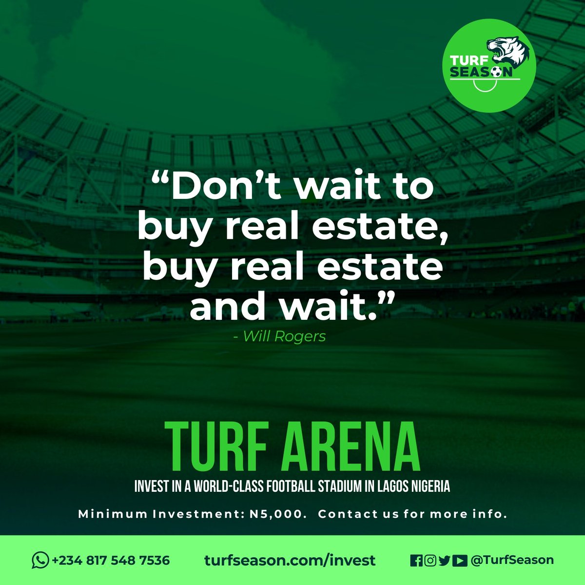 Let your #money work for you!

Invest today in #TurfArena.

More details at turfseason.com/invest

#footballstadium #crowdfunding #crowdinvesting #realestateinvesting