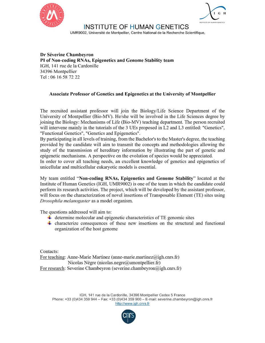 REacTION_network (@networkreaction) on Twitter photo #joboffer : Associate Professor of Genetics and Epigenetics at the University of Montpellier with <a href="/ChambeyronS/">Séverine Chambeyron</a> ! #joboffer : Associate Professor of Genetics and Epigenetics at the University of Montpellier with <a href="/ChambeyronS/">Séverine Chambeyron</a> !