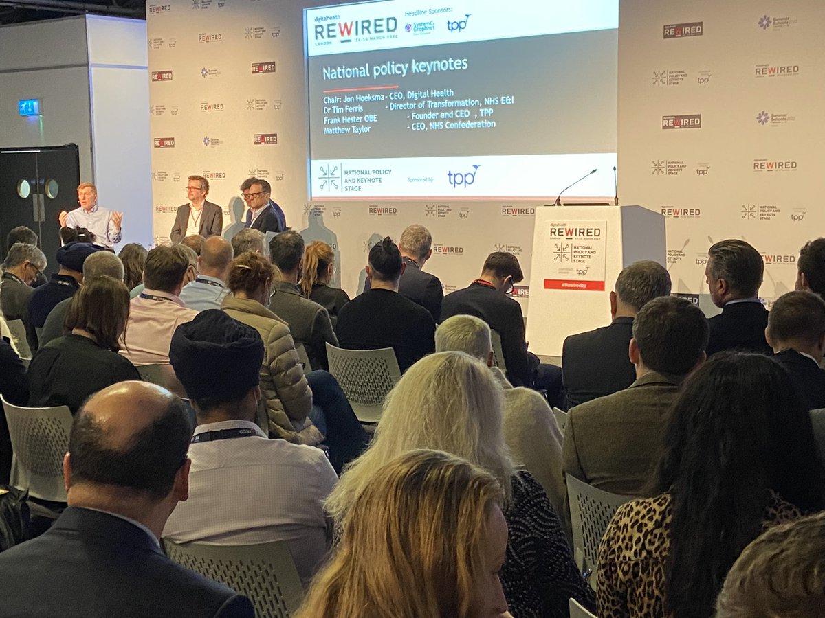 DHRewired's tweet photo. Packed auditorium for the National policy keynotes with Tim Ferris @NHSEngland, Frank Hester @TPP_SystmOne and Matthew Taylor @NHSConfed #Rewired22 https://t.co/5jmAM8JCNJ