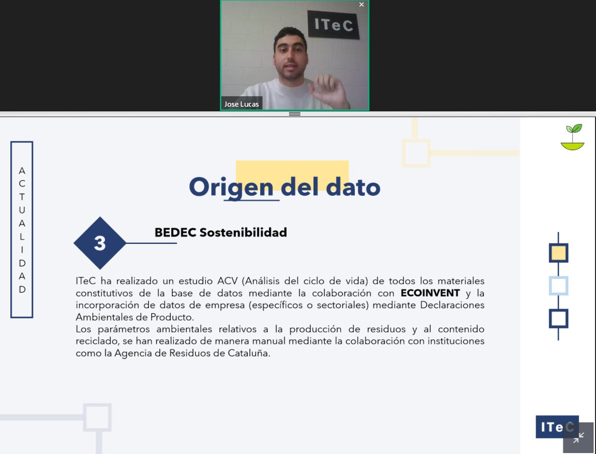 ITeC_cat's tweet photo. "#ECOINVENT ens assegura la precisió, credibilitat i manteniment de les dades genèriques de la base de dades que serveix com a cimentació del #BEDEC Sostenibilitat."
Jose Lucas, del Departament de Construcció #Sostenible de l'#ITeC, a la presentació del #BEDEC Sostenibilitat 👇 https://t.co/O19TXR91Tq