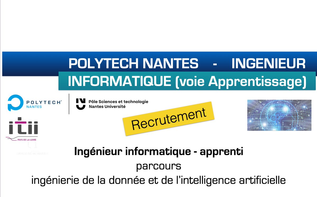 -- Apprenti.e.s ingénieurs informatique --
La 2eme promo ingénieur Polytech Nantes Informatique IDIA (logiciel-data-IA) est en cours de sélection. Vous pourrez alors les recruter en alternance dans vos entreprises. Merci pour les offres !=> direction.idia@polytech.univ-nantes.fr
