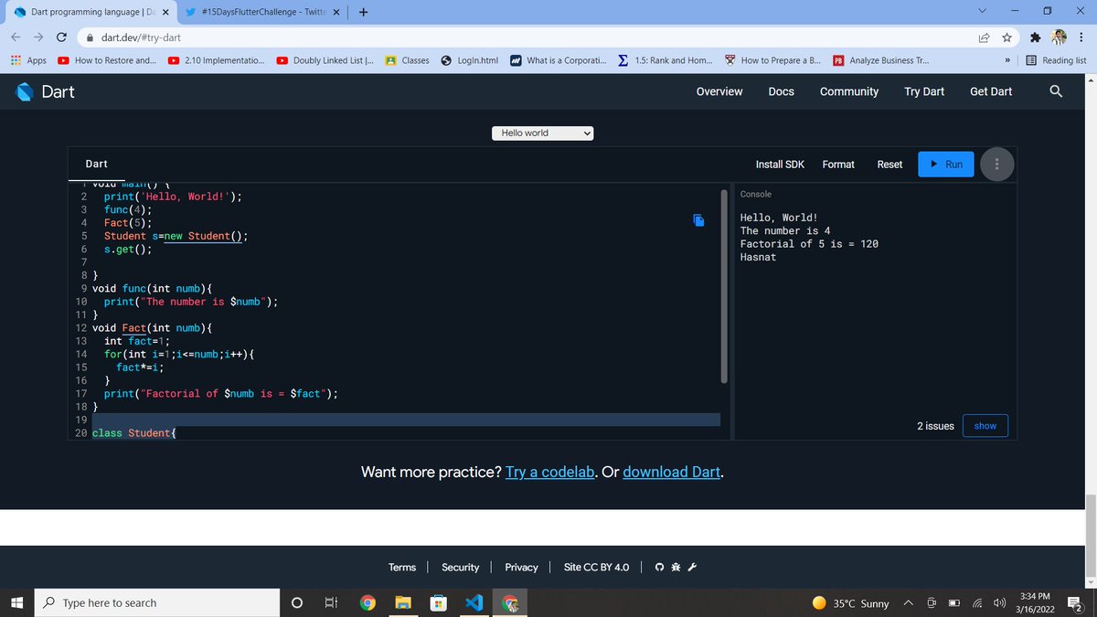 IHasnatAhmd's tweet photo. Day 1 #15DaysFlutterChallenge
🔴 Setup Flutter along with SDK.
🔴Create Flutter demo project.
🔴Dart tour Done.

@abduljamilza  @iahmadtariq https://t.co/y4kbe080Xh
