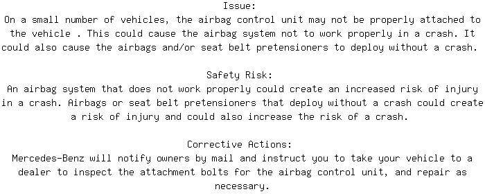 CanadianRecalls's tweet photo. Safety Recall for 2021 MERCEDES-BENZ S CLASS Airbag. Approx. 6 units affected. https://t.co/bXjTlT5FI8