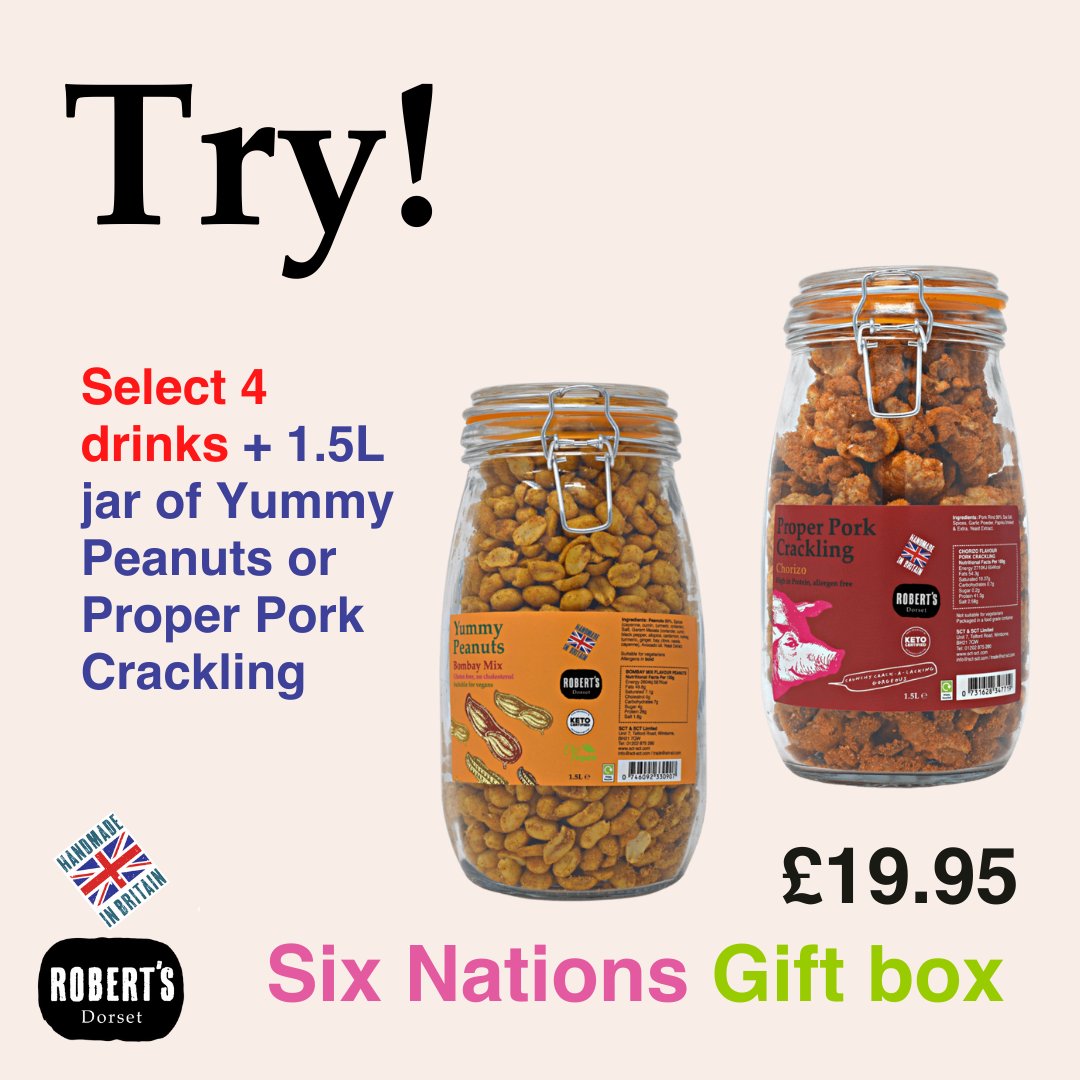 robertsdorset's tweet photo. You can get one of our Six Nations Gift Box for £19.95. Choose a 1.5L jar of Peanuts or Proper Pork Crackling, plus any 4 drinks from this list:

Budweiser
Heineken
John Smiths 
Old Speckled Hen
Guinness,
Thatchers Cider
Strongbow Dark Fruits
Carlsberg 

https://t.co/QQkC7HuDI8 https://t.co/ty6RiJn1Ek