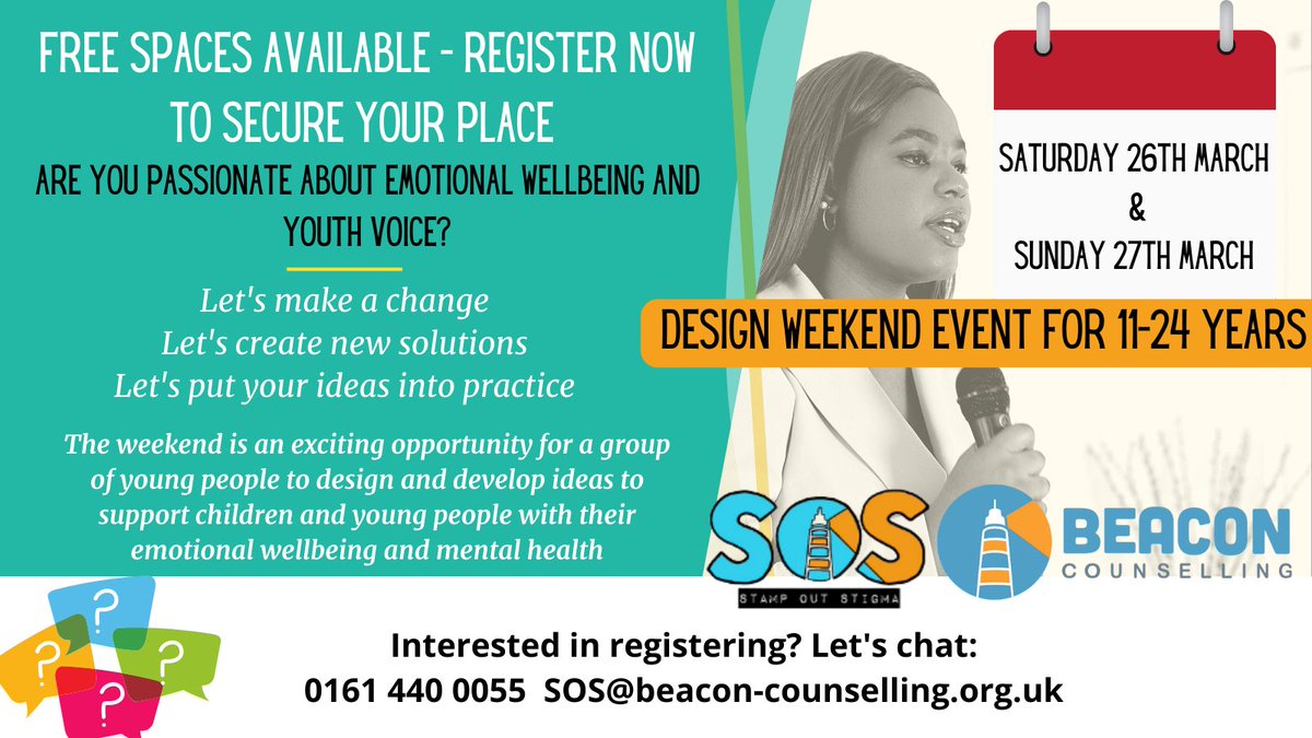 Beaconcounsel's tweet photo. An exciting opportunity has landed to develop ideas that support young people &amp; children with their mental health.  Limited places available: Call us 0161 440 0055 or email sos@beacon-counselling.org.uk - we'll go through the agenda for the event. Open to all between 11-24 years. https://t.co/qkyZdwLya8