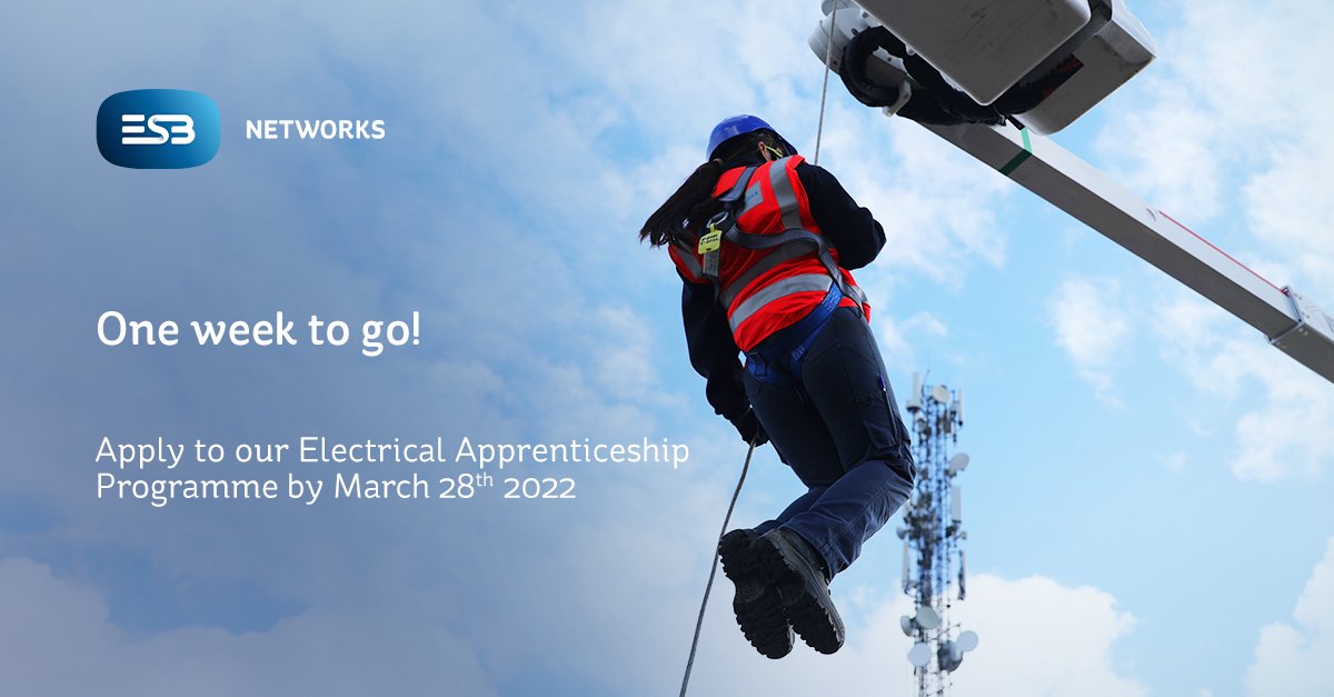 There is only ONE WEEK left to apply to become an ESB Networks Electrical Apprentice. Connect to a career with a difference and apply today at esbnetworks.ie/apprenticeships