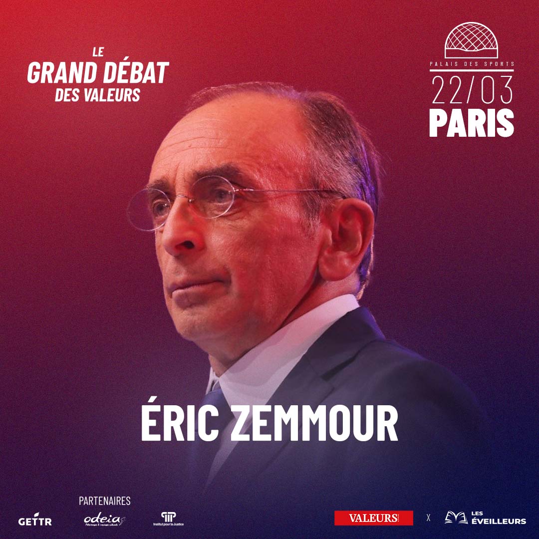 Valeurs's tweet photo. 🔴 [ÉVÉNEMENT] Eric Zemmour (@ZemmourEric) sera présent lors du Grand Débat des Valeurs !

Dans la dernière ligne droite de la campagne, le candidat à l'élection présidentielle défendra son programme lors de la soirée du 22 mars.

🔗 Réservation : https://t.co/bEvKcuIsyr https://t.co/3bTzK196K8