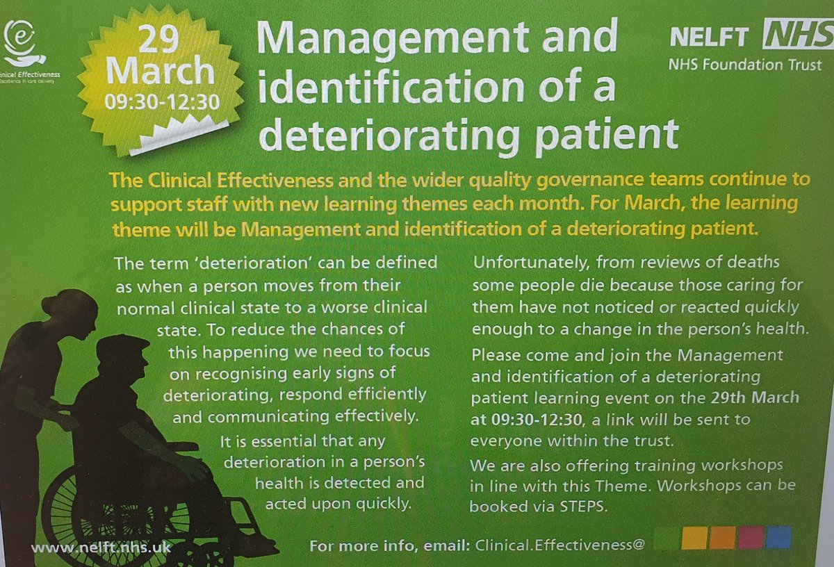 Are new learning theme for March is Identification and management of a deterioraring patient. Looking forward to the learning event on the 29th March and we have a variety of training which can be booked via STEPS #bestcare <a href="/CathrineLund4/">Cathrine Lund</a> <a href="/KezaBB/">Kerry Amanda Barriffe</a> <a href="/Lucy32134139/">Lucy</a> <a href="/NELFTLetsEngage/">NELFT Lets Engage</a>