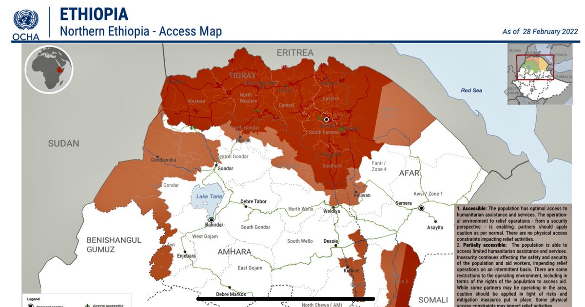 martinplaut's tweet photo. This is #Tigray.  In red: areas that can’t be reached by aid agencies. 
This is a siege or blockade. 
It’s designed to wipe out the population. 
The old and very young die first. 
Horrific, painful deaths.
This is the policy of the #Ethiopian and #Eritrean governments https://t.co/jNoGPhWlYD