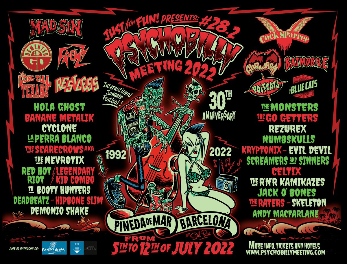 🔥 Psychobilly meeting is back ! It´s time to celebrate 🔥
 🎸  28.2th PSYCHOBILLY MEETING 2022 #pinedademar
5th to 12 of July 2022 🏖
 🛒Buy your tickets in advance 🛒   
 👉 psychobillymeeting.com 👈
Artwork by Sol Rac

#psychobilly #psychobillymeeting #psychobillymeeting2022