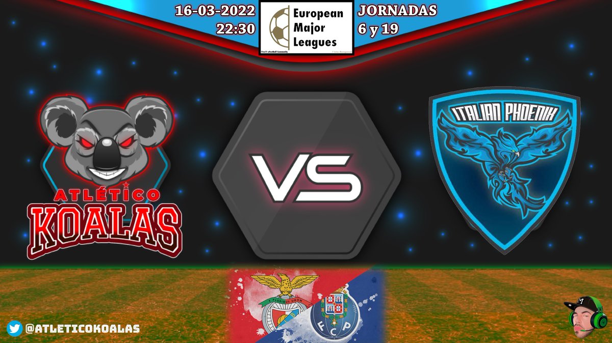 Jornadas 6 y 19 de @eFootballEML frente a un gran equipo Italian Phonex donde intentaremos seguir subiendo posiciones.

Noche de clásico en la Liga NOS🇵🇹
<a href="/SLBenfica/">SL Benfica</a> 🆚 <a href="/FCPorto/">FC Porto</a> 

VAMOS KOALAS🐨