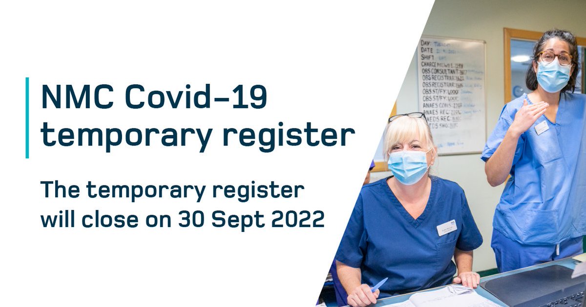nmcnews's tweet photo. π£ Today the Government has confirmed that our Covid-19 temporary register will close on 30 Sept 2022.
If you're on our temporary register, please see our website for information about what this means for you and to plan your next steps π
https://t.co/w2Oeow4zIR https://t.co/8Bo3NFzzke
