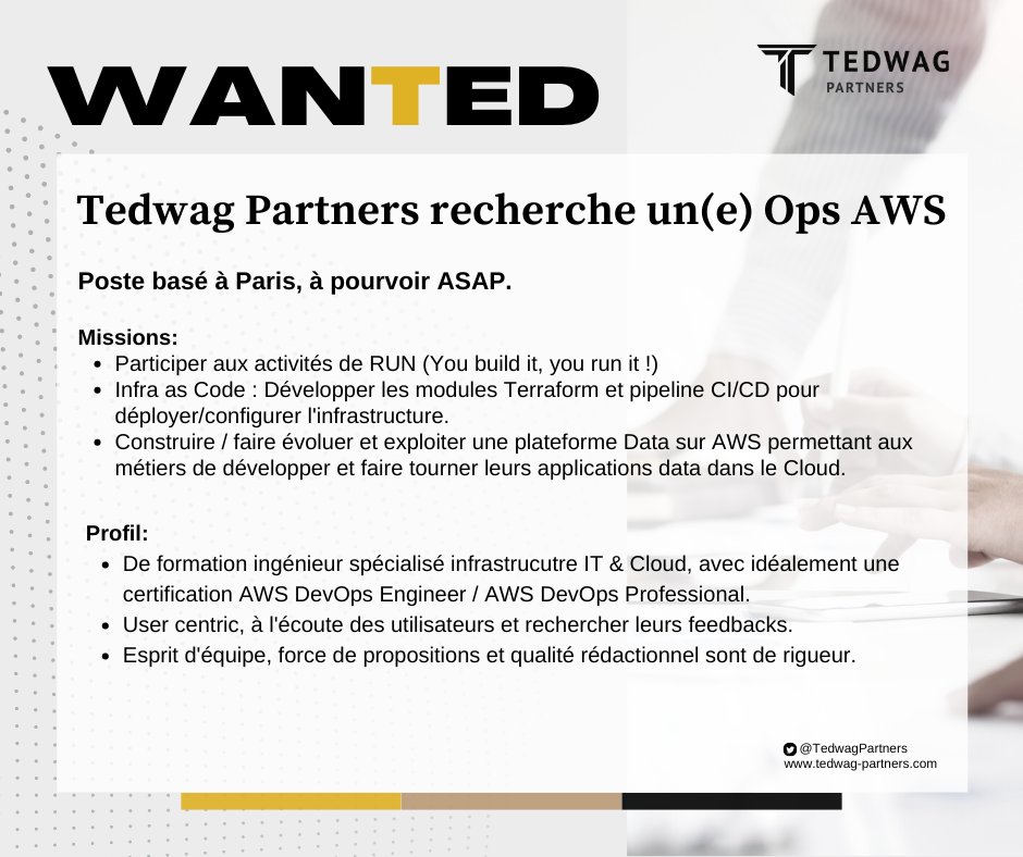TedwagPartners's tweet photo. WanTed : Nous recherchons un(e) Ops AWS pour l'un de nos clients basés sur Paris -  À vos CV ! ⤵️
https://t.co/okGfrtDEhR

#wanted #wearehiring #ops #aws #cv #cloud https://t.co/8okCaukNez