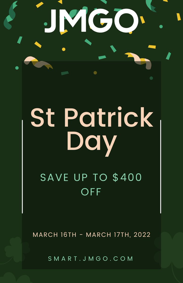 JmgoSmart's tweet photo. Celebrating St. Patrick's Day, get O1 Pro with up to $400 off at: https://t.co/PobJJroNZ8

#jmgo #projector #leica #dynaudio https://t.co/Q1PLEBPsCV