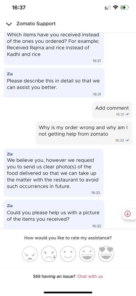 ankitapadwal's tweet photo. @zomato my order was something else and got something else.. why ain’t you guys helping on chat.
Why is automated chat redoing and auto replying same.
This is tiring and disappointing https://t.co/8p4hUt41Gl