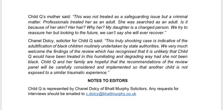 BhattMurphy's tweet photo. @missnemmanuel thank you for raising awareness of Child Q’s experience. A full statement from our client Child Q and her mother is here. https://t.co/XedYn2caIY