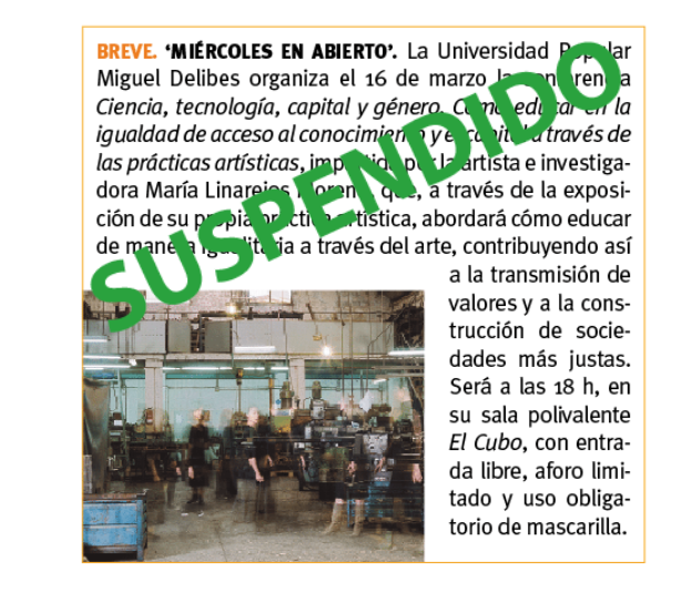 Por motivos de salud se suspende 'Miércoles en abierto' previsto para hoy en la Universidad Popular Miguel Delibes #Alcobendas