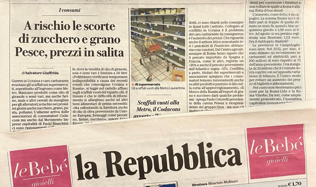 CARSCPA's tweet photo. Oggi su @Repubblica un allarme sulla riduzione delle scorte alimentari causate dalla crisi in #Ucraina e #carocarburante. La conseguenza è un rapido aumento dei #prezzi. Colpito il settore #ittico, segnaliamo un +15% sul pescato da Francia e Spagna e un +20% dall'Atlantico. https://t.co/rzQ31Wc15Q