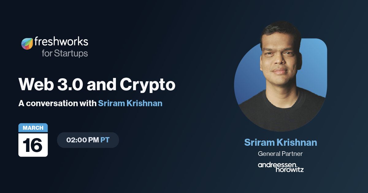 ravirahul_'s tweet photo. 🌞gm, but make it a great morning! 

✨today we're chatting with Sriram Krishnan from a16z!! join us for a beginner-friendly conversation on web3 and crypto trends and more. 

lfg 👉 https://t.co/puapnw1DnF 

#FreshworksforStartups https://t.co/iLt6y0cZDK