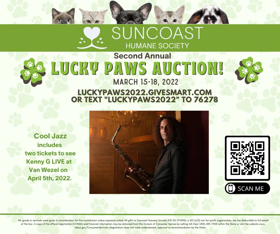 SuncoastHumane's tweet photo. Any Jazz fans out there? Today's sneak peek is 2 tix to see Kenny G LIVE at Van Wezel Performing Arts Hall on April 5, 2022. #Grateful to Van Wezel Performing Arts Hall for your generous donation! Register NOW at https://t.co/ofuIxjslOD or text "LuckyPaws2022" to 76278. #auction https://t.co/nGIzkStP3N